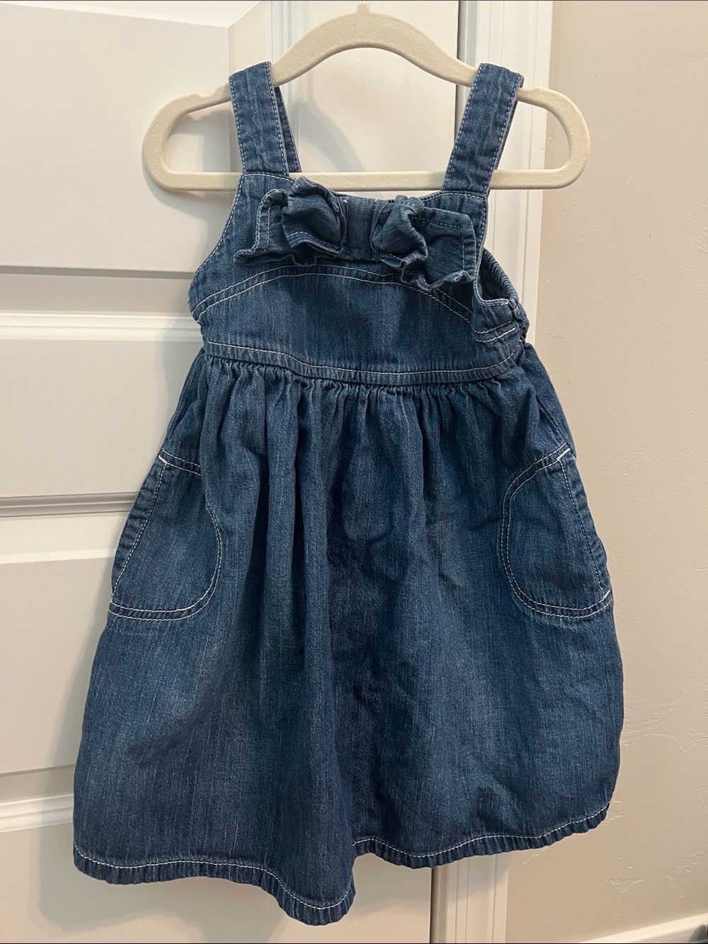 Y2K Old Navy Girls' Denim Pinafore Dress - Blue with Bow and Pockets